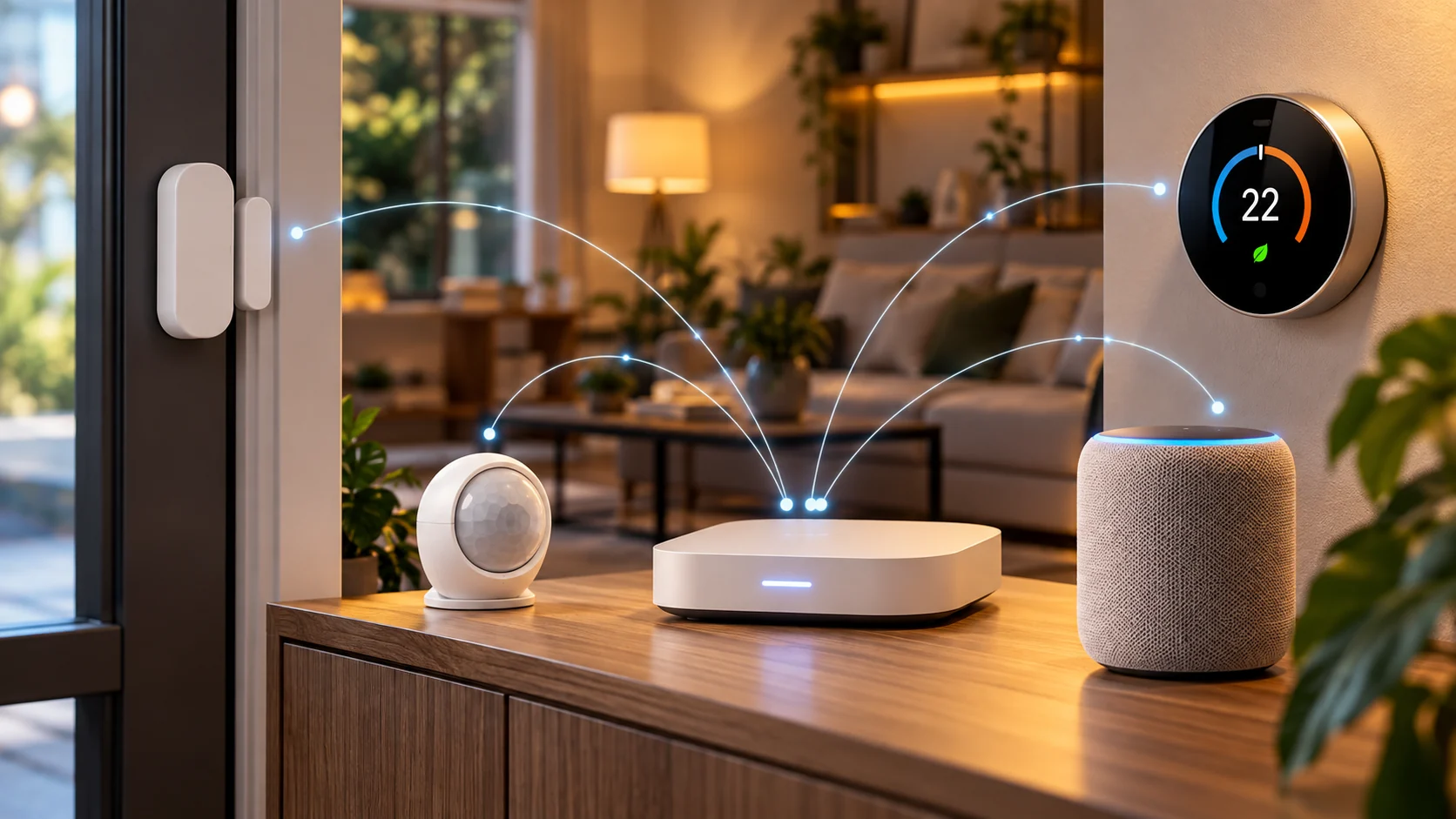 Hub, sensores, termostato e assistente em uma rede mesh residencial