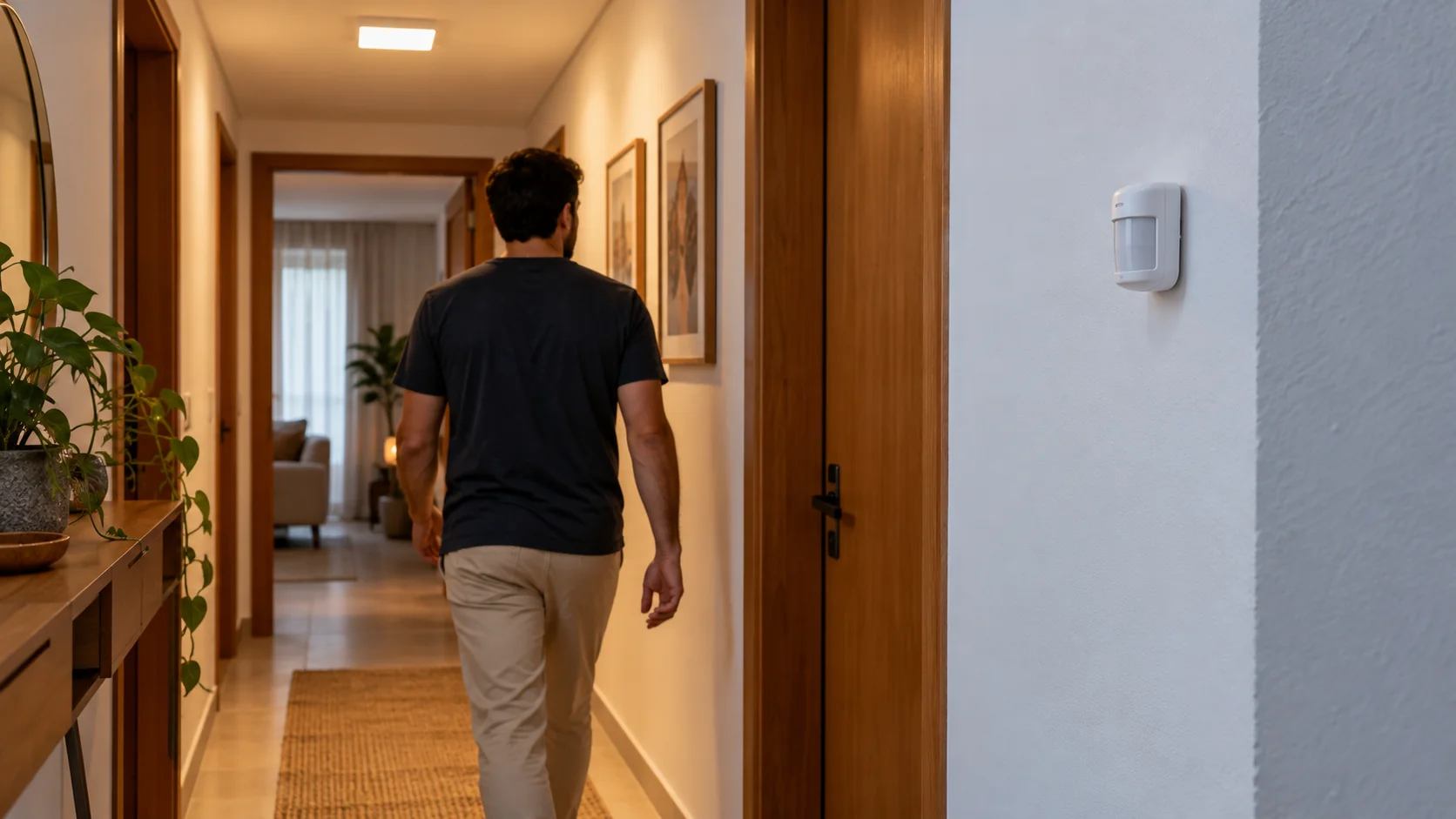 Sensor de movimento PIR branco instalado na parede de corredor residencial com iluminação automática