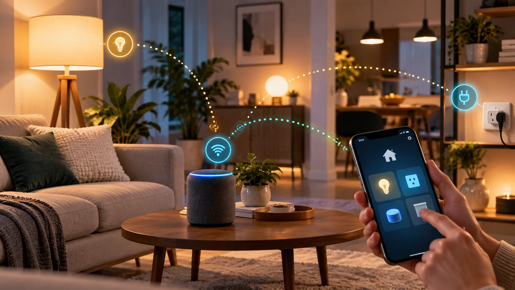 Smartphone gerenciando lâmpadas e dispositivos em uma sala inteligente