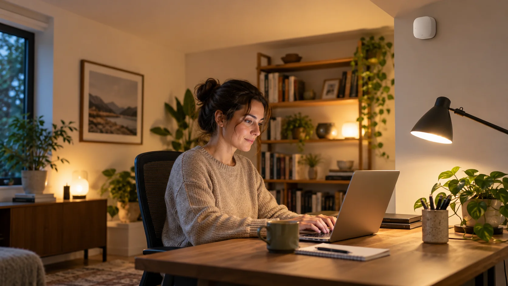 Mulher trabalhando em notebook em escritório doméstico com sensor de presença mmWave discreto próximo à área de trabalho