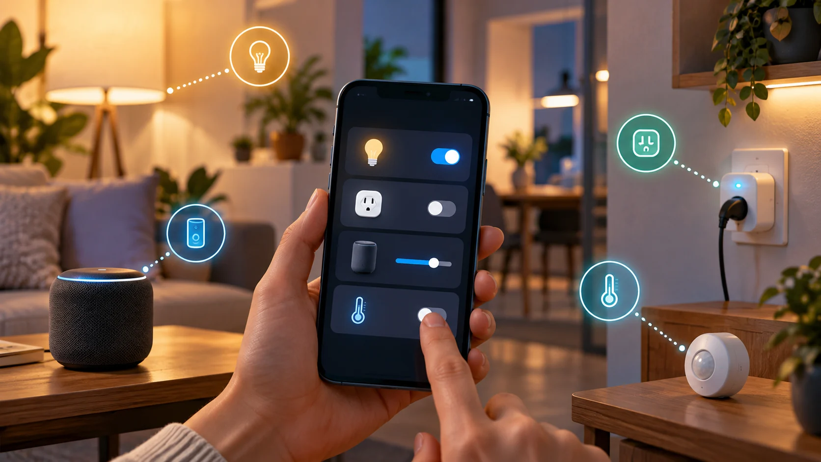 Aplicativo de automação controlando luz, tomada, temperatura e assistente