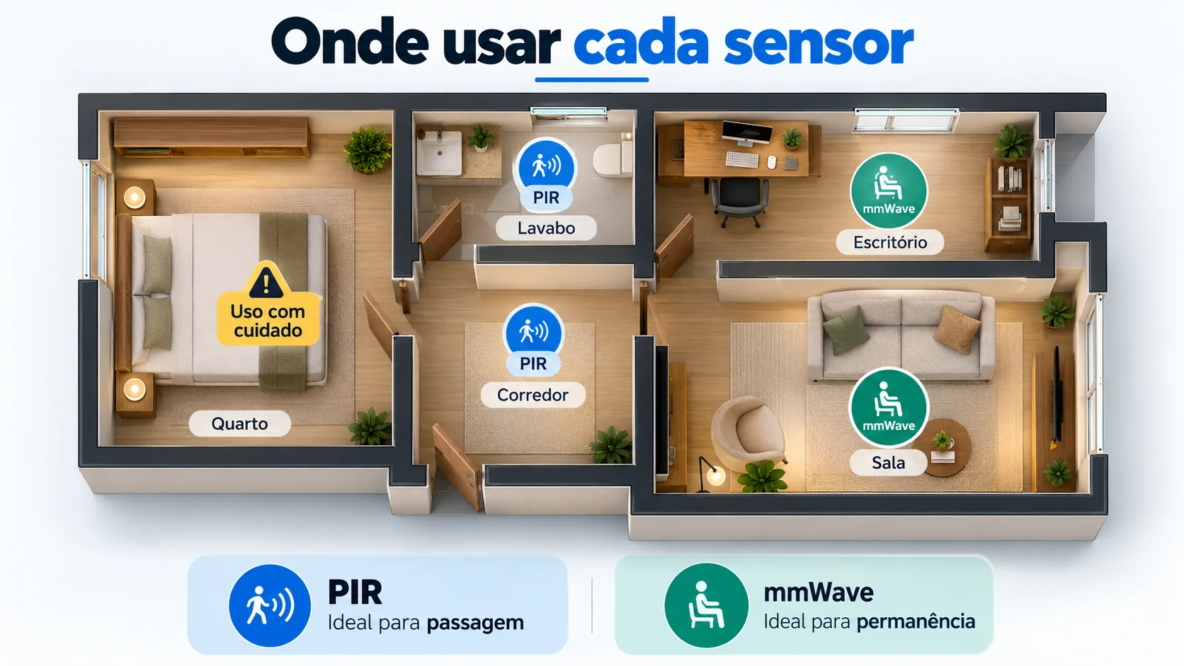 Infográfico em planta de casa indica sensor PIR no corredor e lavabo, radar mmWave na sala e escritório e cuidados no quarto