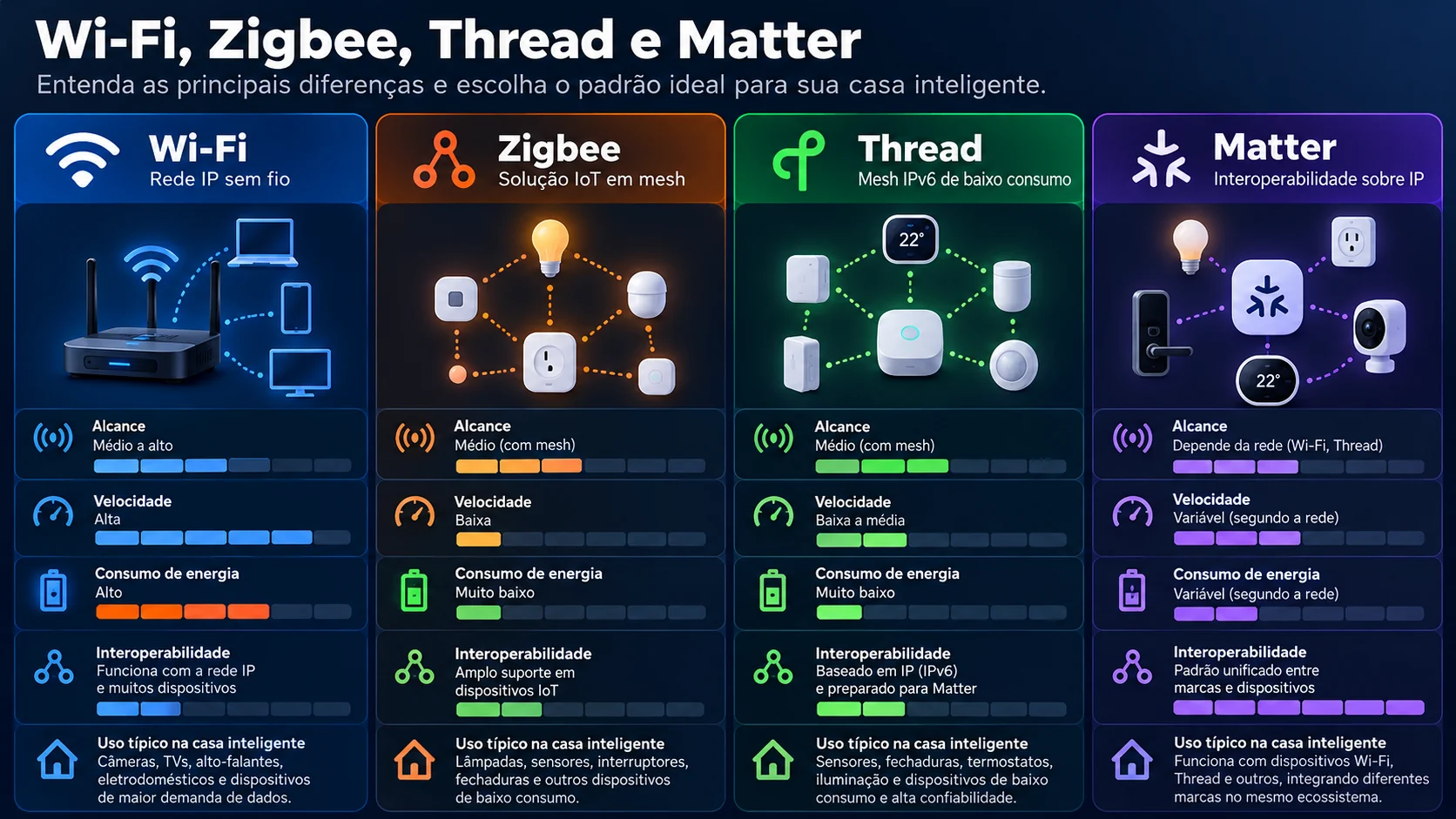 Infográfico comparativo de Wi-Fi, Zigbee, Thread e Matter