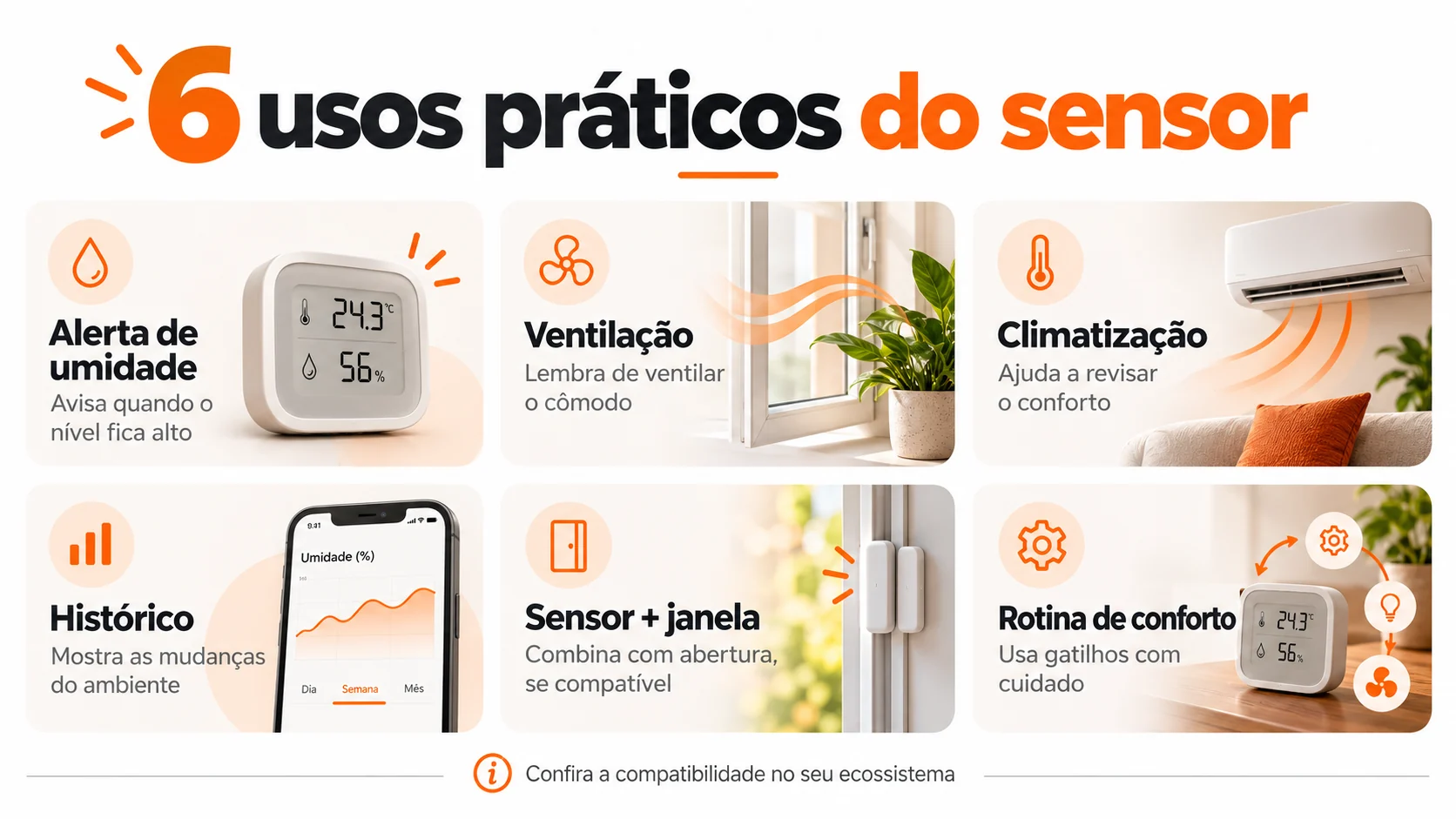 Infográfico mostrando seis aplicações de sensores inteligentes: alerta de umidade, ventilação, climatização, histórico, janela e rotina de conforto