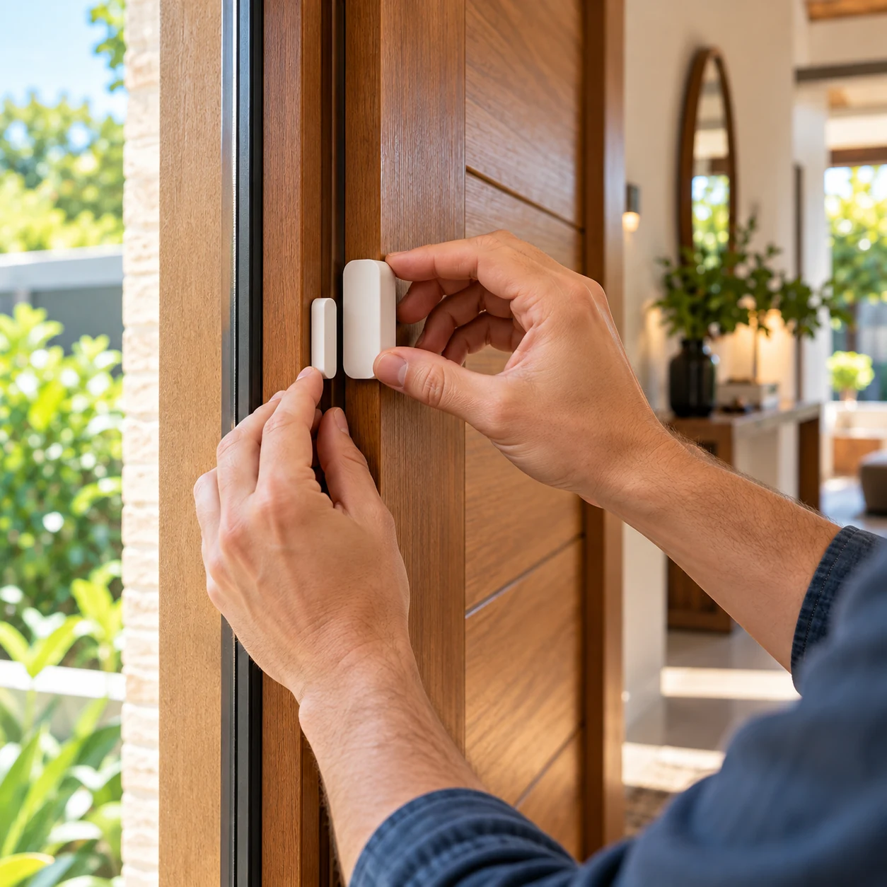 Instalação de sensor de porta e janela inteligente com alinhamento entre sensor e ímã