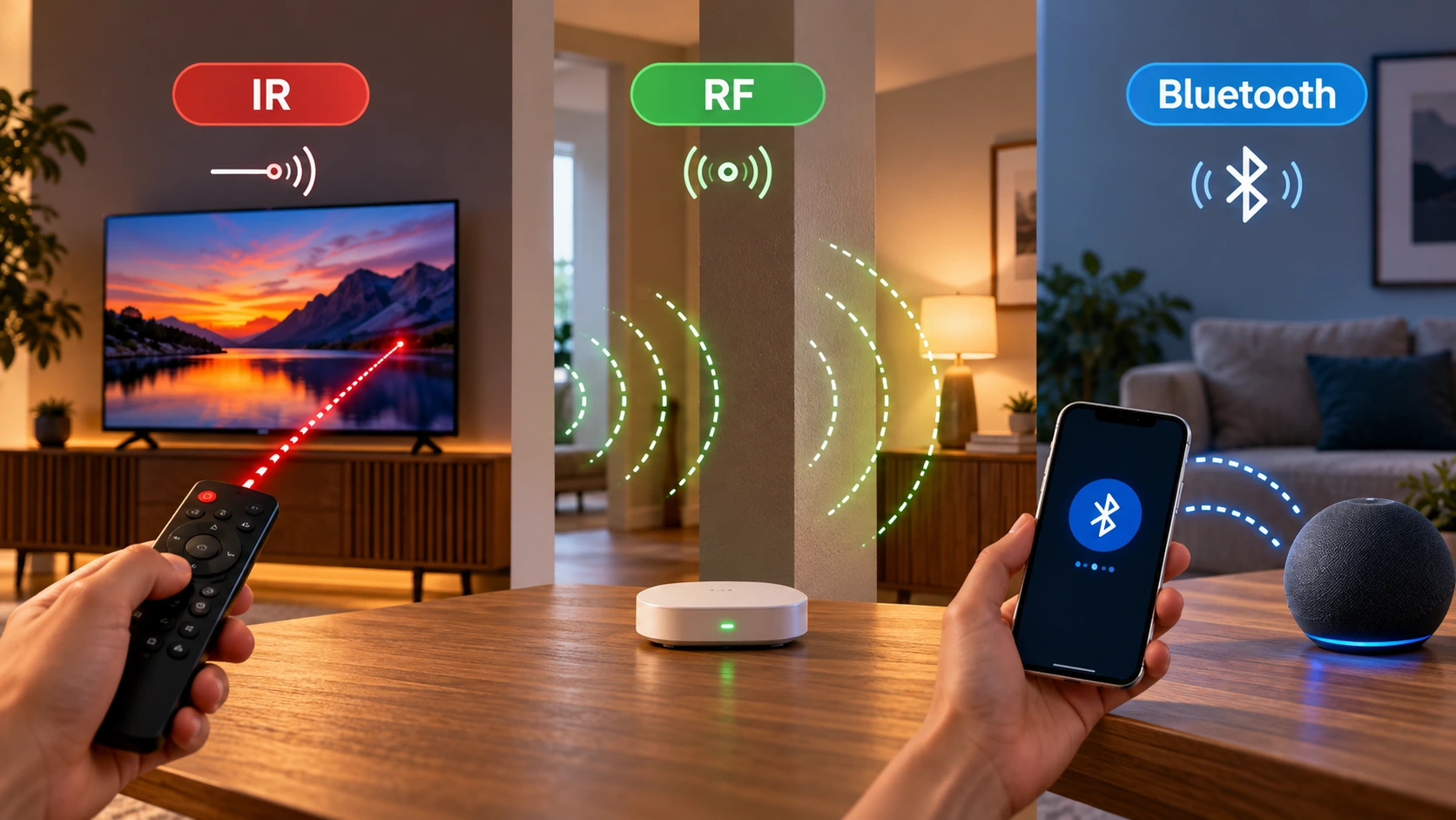 Infográfico comparando infravermelho IR, RF e Bluetooth em controles inteligentes