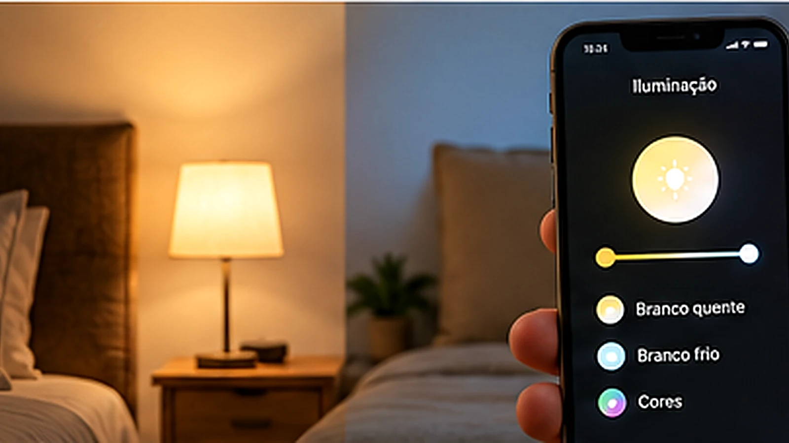 Quarto com luminária inteligente acesa e celular mostrando ajuste de brilho e cor da luz