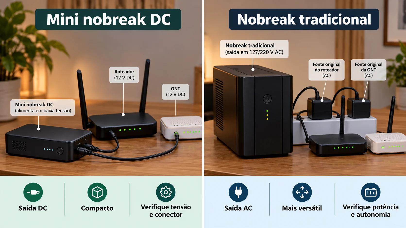Comparação entre mini nobreak DC para aparelhos compatíveis de baixa tensão e nobreak tradicional com saídas AC