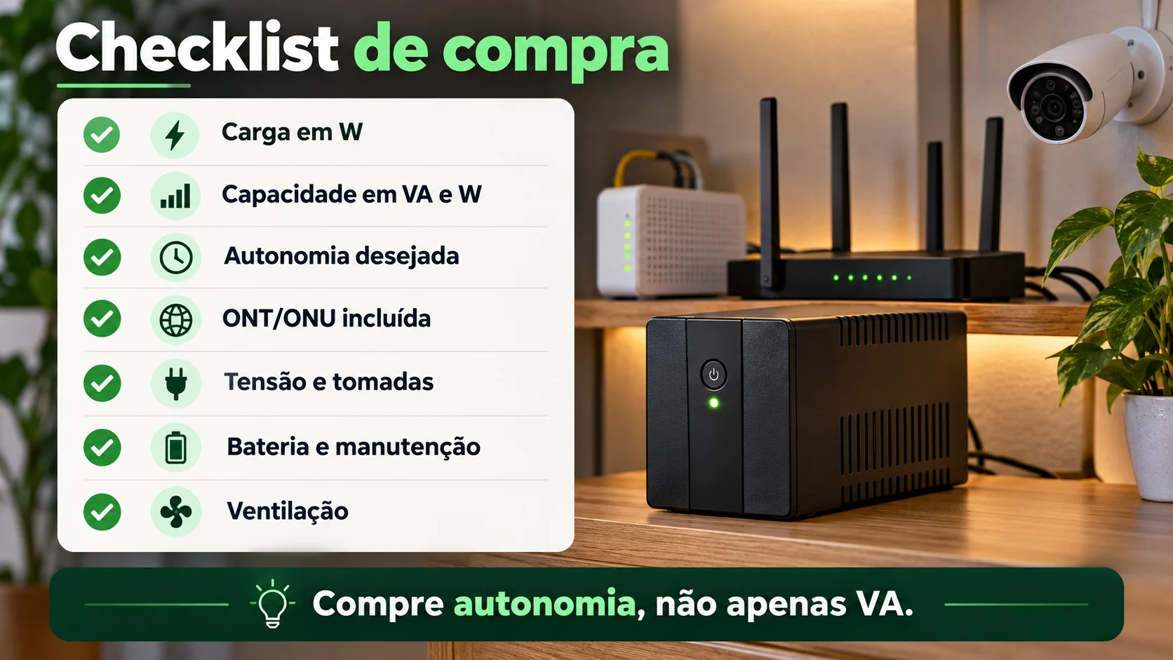 Checklist de nobreak para roteador com potência em watts, capacidade em VA, autonomia, ONT, tensão, bateria e ventilação