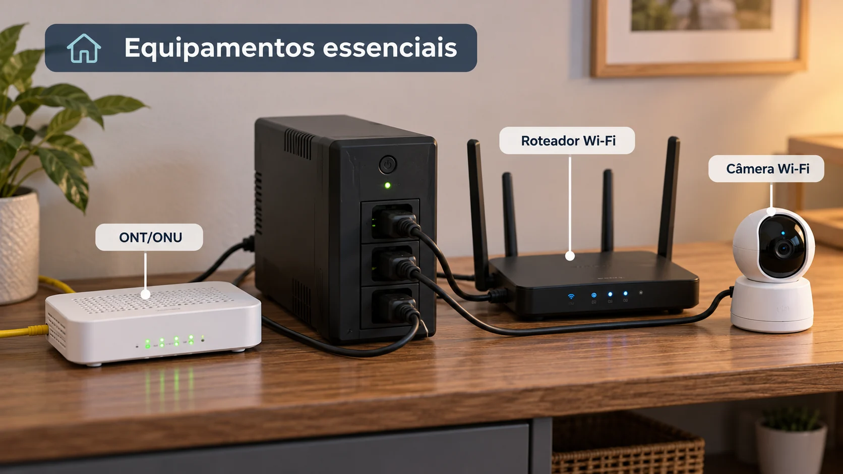 Nobreak alimentando terminal ONT de fibra, roteador Wi-Fi e câmera inteligente em instalação doméstica