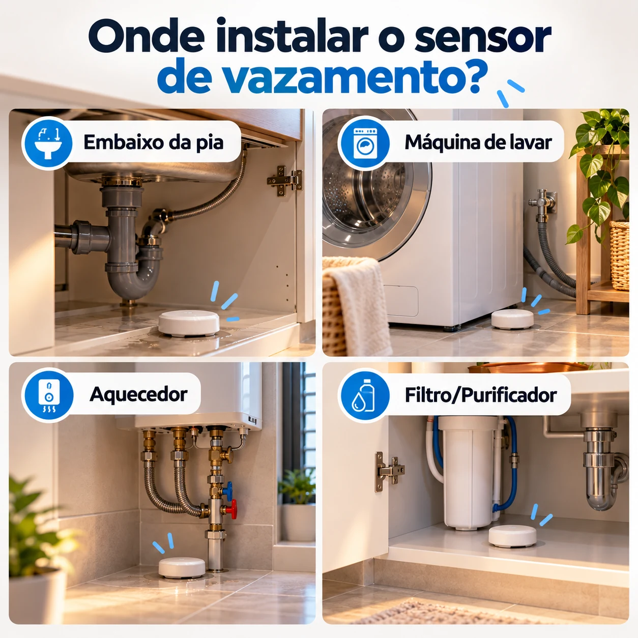 Onde instalar sensor de vazamento de água inteligente em pia, máquina de lavar, aquecedor e filtro
