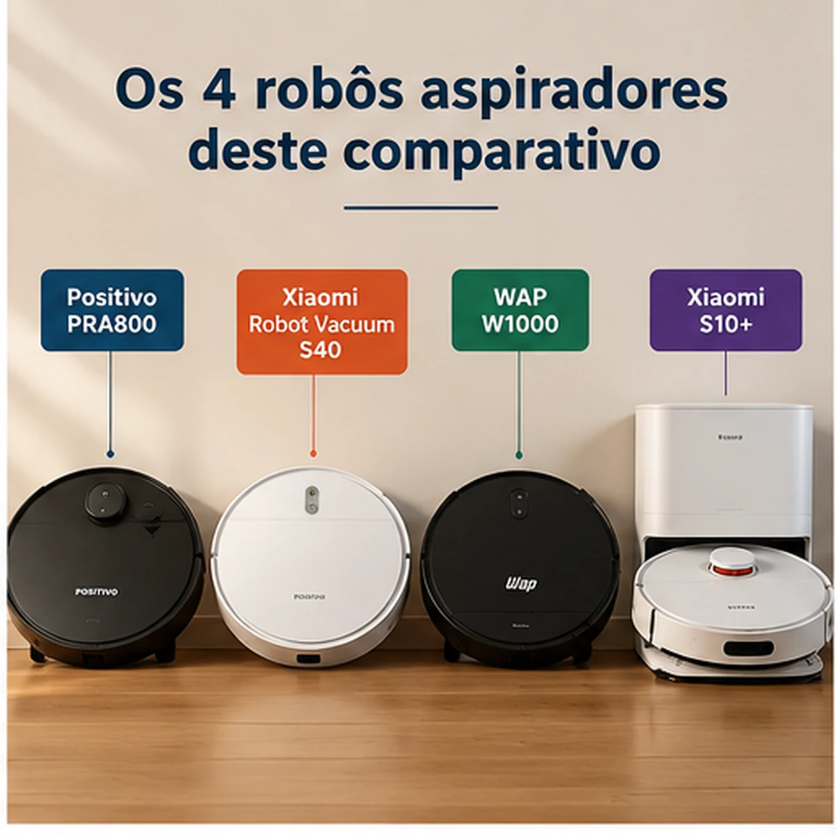 Quatro robôs aspiradores do comparativo: Positivo PRA800, Xiaomi S40, WAP W1000 e Xiaomi S10+