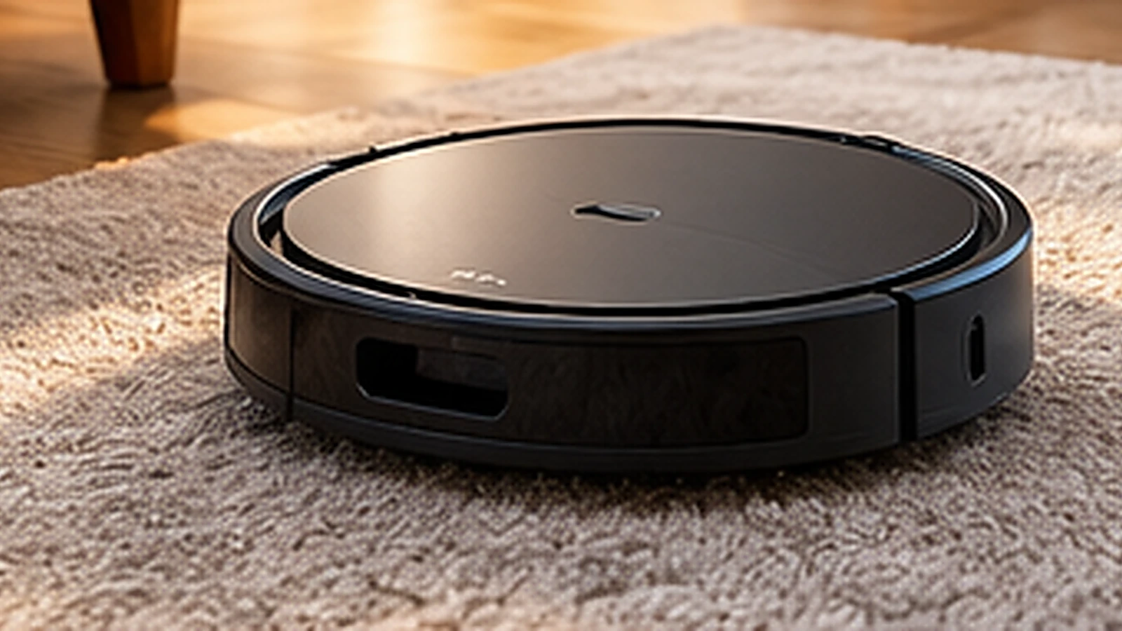 Robô aspirador preto limpando tapete claro na sala de apartamento alugado