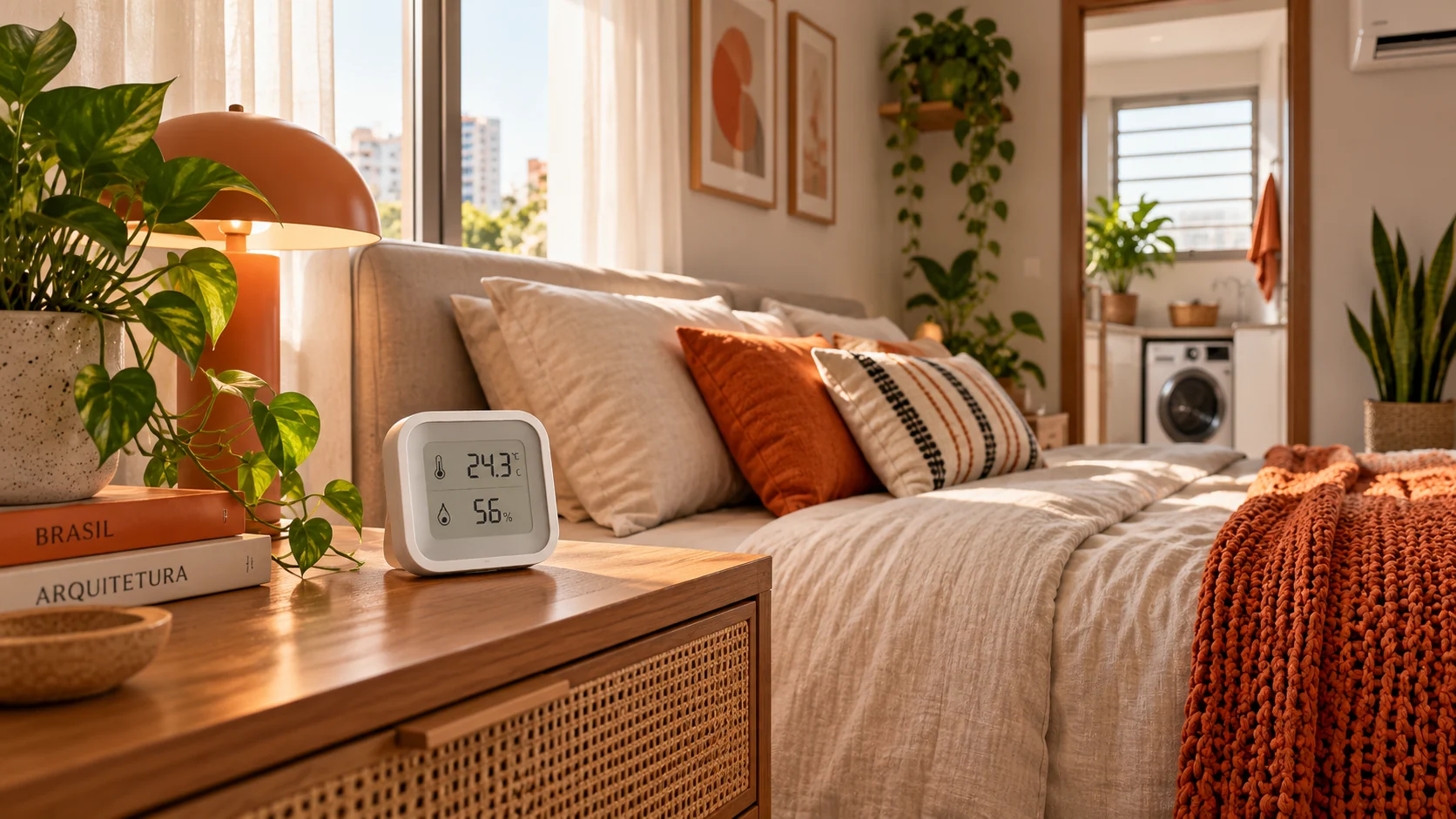 Sensor digital de temperatura e umidade em mesa de cabeceira de quarto com ventilação e iluminação natural