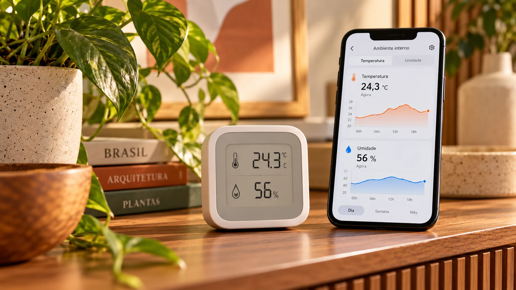 Termômetro e higrômetro digital de mesa ao lado de celular com gráficos de temperatura e umidade em ambiente residencial