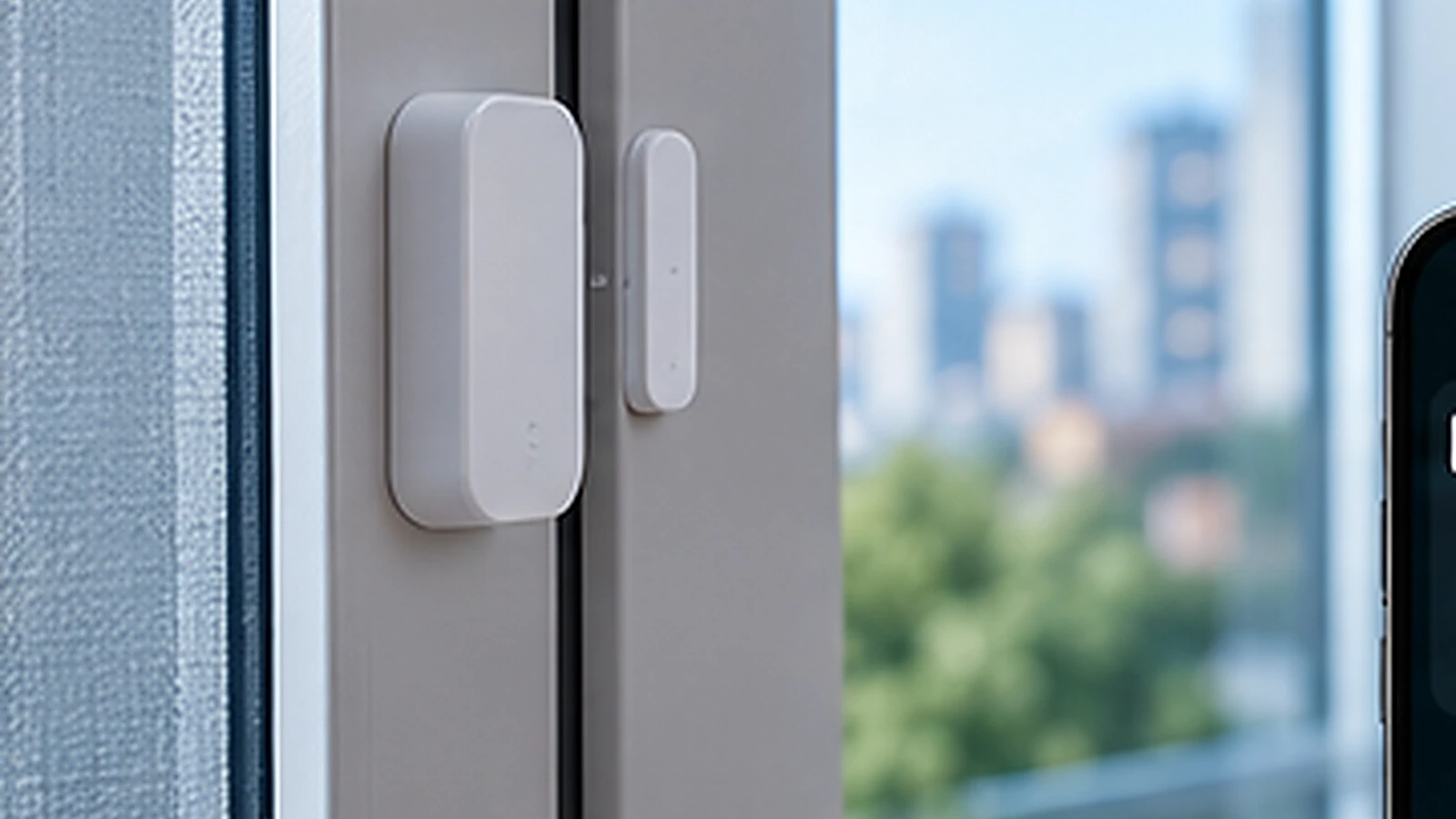 Sensor magnético branco instalado em janela de apartamento para detectar abertura e fechamento