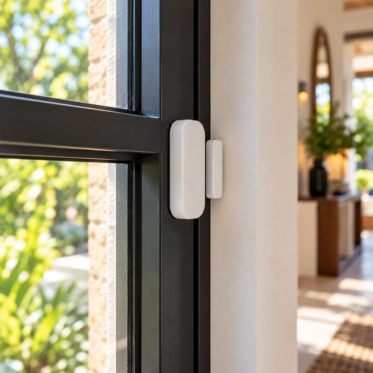 Sensor de porta e janela inteligente instalado em janela moderna