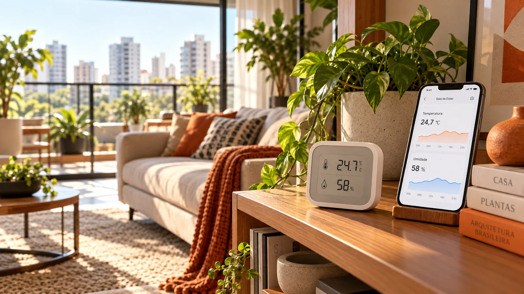 Sensor digital de temperatura e umidade junto ao celular em sala de apartamento com plantas e boa iluminação