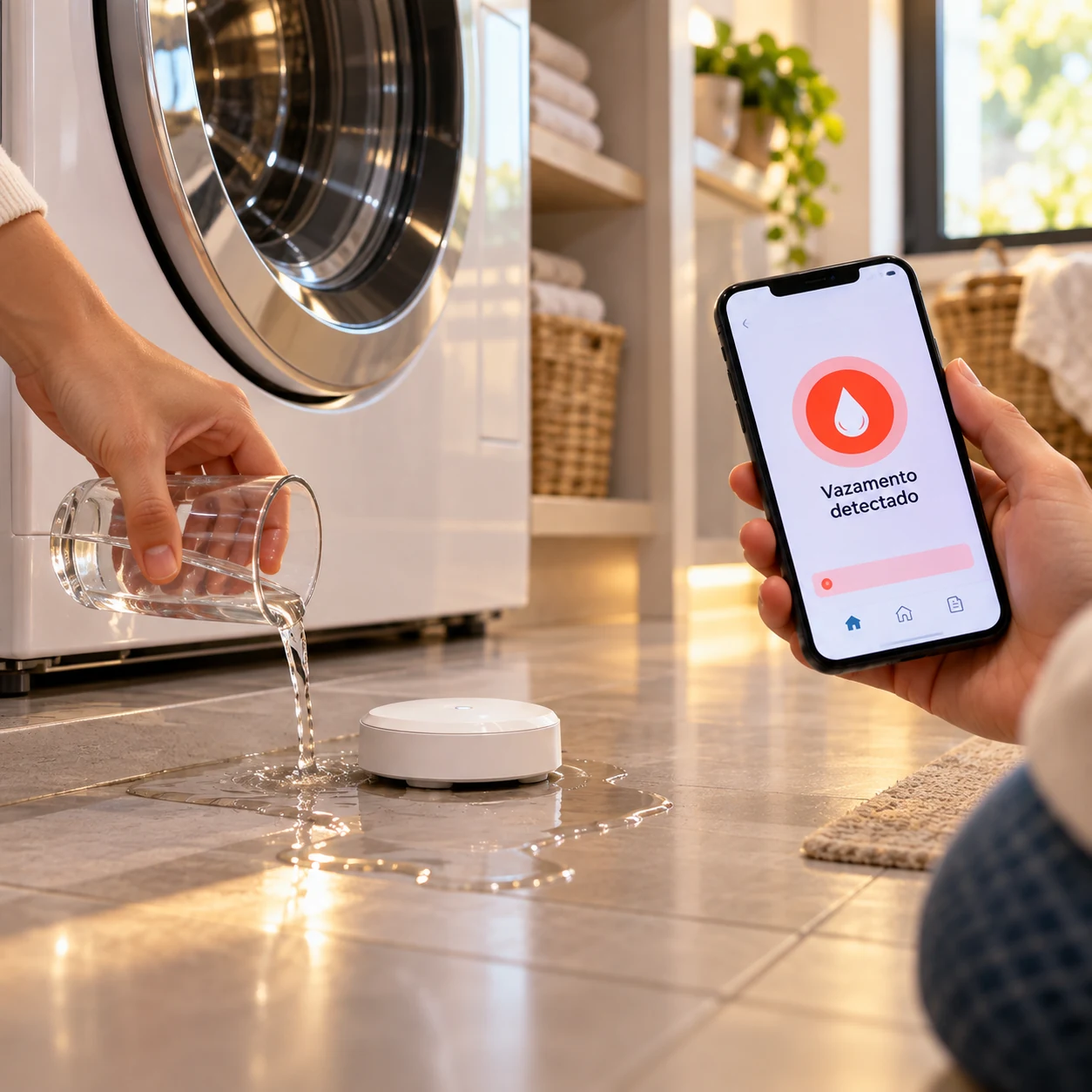 Teste controlado de sensor de vazamento de água inteligente ao lado da máquina de lavar