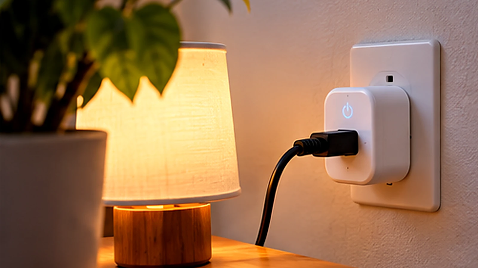 Tomada inteligente conectada à tomada de parede alimentando uma luminária de mesa em apartamento