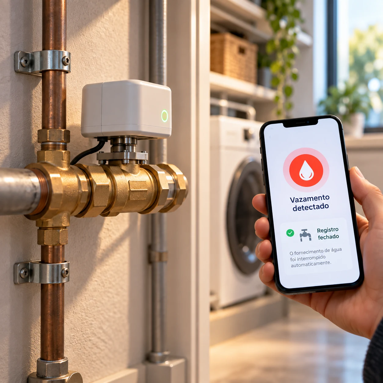 Sensor de vazamento de água inteligente acionando válvula para fechar o registro automaticamente
