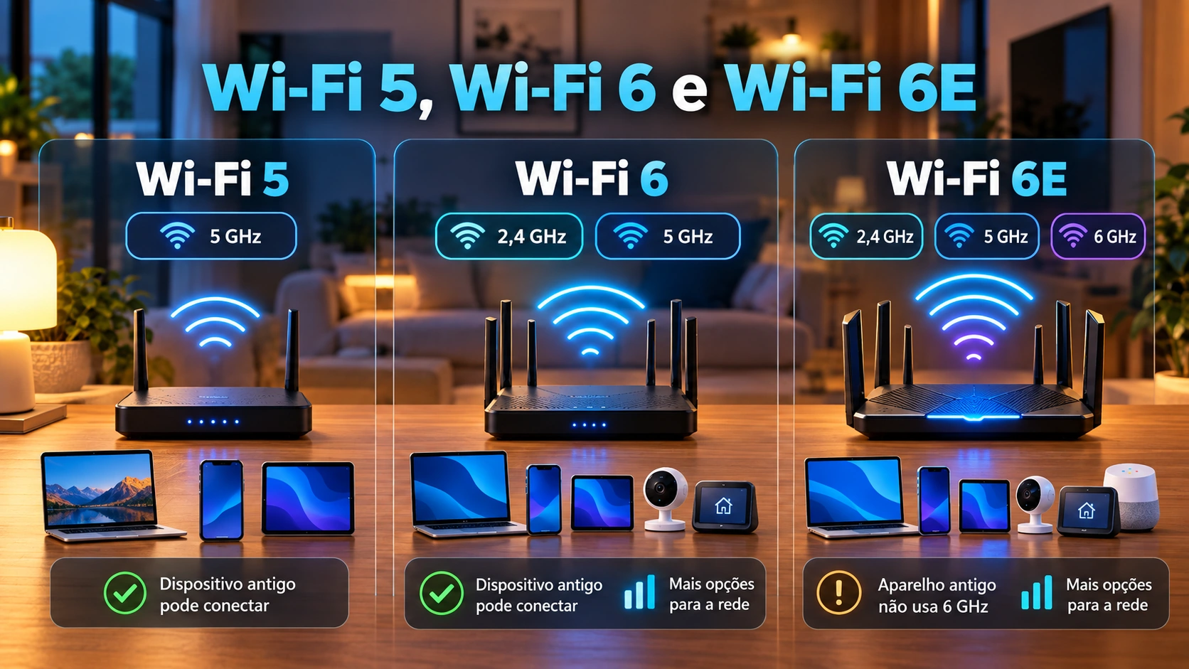 Comparação em português entre Wi-Fi 5, Wi-Fi 6 e Wi-Fi 6E