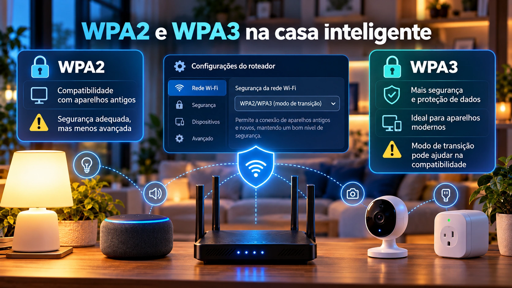 Infográfico em português sobre WPA2 e WPA3 na casa inteligente